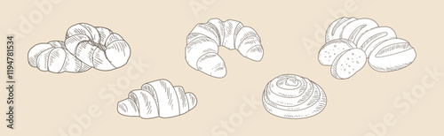 Fresh Baked Bread and Pastry Product Sketch Drawing Vector Set