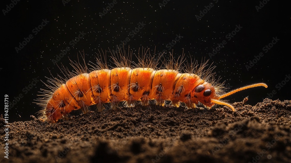 Caterpillar under a green leaf in soil. Insect, nature, leaf shelter, garden, close-up, detail, macro, green, crawling, ecology, wildlife, earth, foliage, life cycle, outdoors. Generative AI. Caterpillar under a green leaf in soil. Insect, nature, leaf shelter, garden, close-up, detail, macro, green, crawling, ecology, wildlife, earth, foliage, life cycle, outdoors. Generative AI.