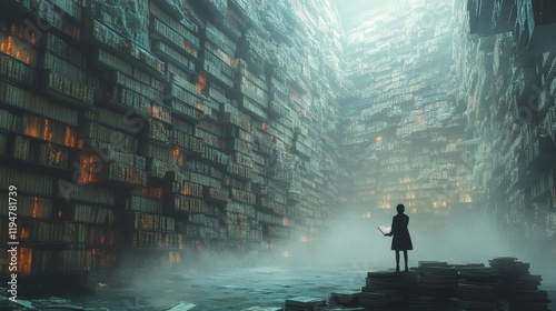 Futuristic Library Canyon with Endless Books. Generative AI photo