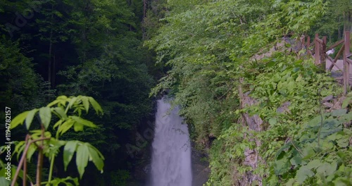 A waterfall cascading through dense green forest and mossy rocks. 4K UHD.
