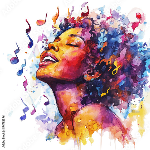 A watercolor of soul music, with musical notes rising in a rhythmic flow, isolated on a white background. Soul music vector.
