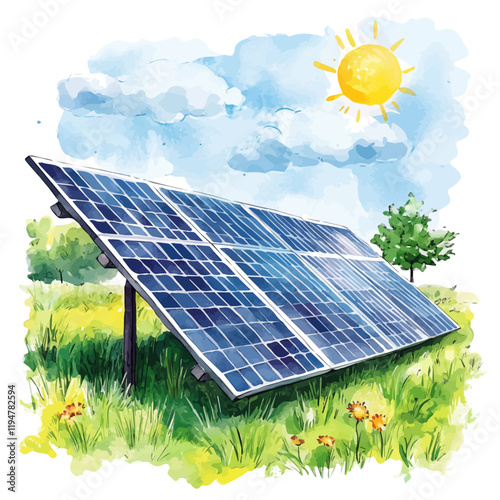A watercolor of solar power, with solar panels absorbing sunlight in a vibrant landscape, isolated on a white background. Solar power vector.
