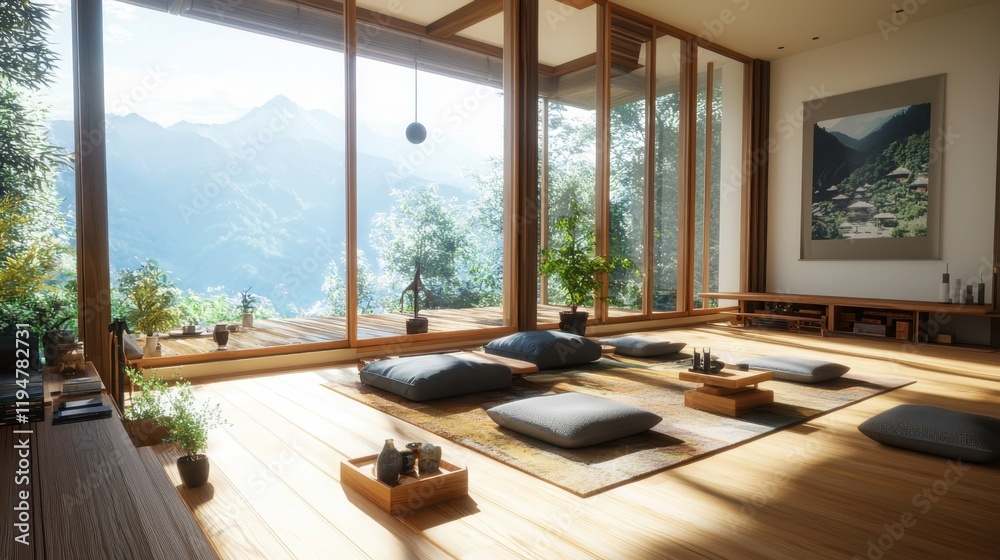 Fototapeta premium Zen-inspired living room design mountain view interior decor natural light tranquil atmosphere emphasis on simplicity