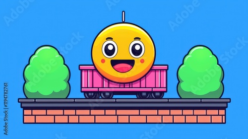 Joyful cartoon train with smiling face playful background digital art whimsical style animated perspective fun concept