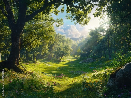 Enchanting forest clearing with vibrant wildflowers sunlit nature scene tranquil environment serene viewpoint captivating landscape
