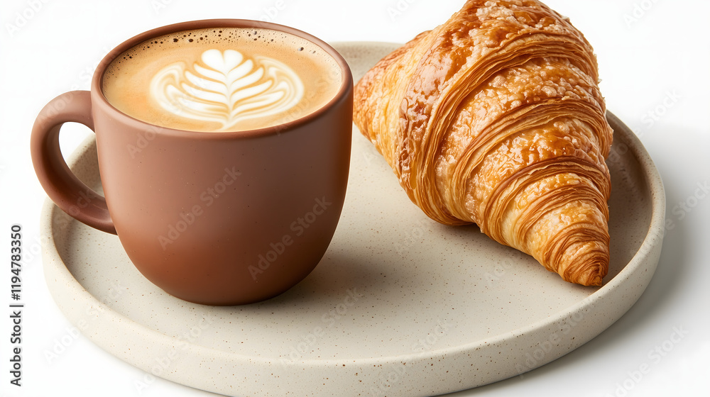 Frothy Cappuccino with Swirl Latte Art in a Brown Ceramic Mug and Butter Croissant - Perfect Breakfast Pairing Frothy Cappuccino with Swirl Latte Art in a Brown Ceramic Mug and Butter Croissant - Perfect Breakfast Pairing