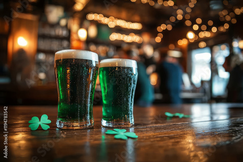 Two glasses of green beer on wooden table in pub surrounded by shamrocks photo