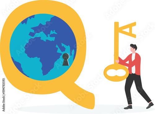 'Q and A' concept vector flat design.Businessman holding 'A' key to unlock question.
