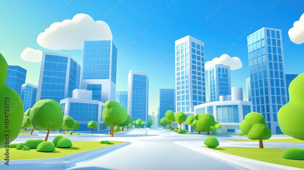 Obraz premium Urban cityscape with high-rise office buildings, reflective windows, and clean streets under a bright, cloudless sky.