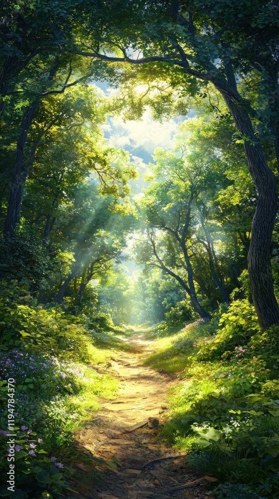 Naklejka premium Sunlight filtering through trees illuminates wildflower-lined path in enchanting forest scene nature photography peaceful environment vibrant viewpoint