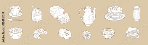 Breakfast and Morning Food Hand Drawn Product Vector Set