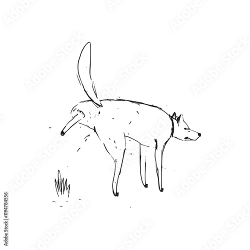 A humorous minimalist black-and-white line drawing of a dog urinating near a small patch of grass. This playful and creative sketch showcases a unique perspective of canine behavior in a modern style.