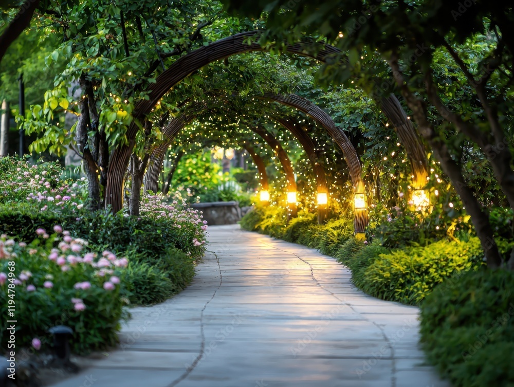 Enchanting garden pathway decorated with blooming flowers and soft ambient lighting evening serenity outdoor landscape tranquil environment Enchanting garden pathway decorated with blooming flowers and soft ambient lighting evening serenity outdoor landscape tranquil environment