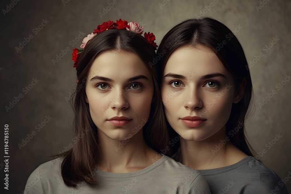 Elegant Portrait of Twin Sisters with Subtle Expressions, Beautiful Young Women with Natural Beauty in Studio Light, Sisters in Harmony: A Captivating Dual Portrait Elegant Portrait of Twin Sisters with Subtle Expressions, Beautiful Young Women with Natural Beauty in Studio Light, Sisters in Harmony: A Captivating Dual Portrait