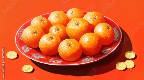 Glistening Oranges on Bright Red Plate with Decorative Coins
