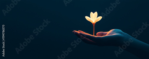 A glowing flower held gently in a hand symbolizes hope and renewal.