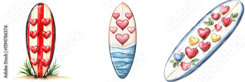 Valentine's Day sport equipment with heart motif concept. Three decorative surfboards with heart designs on a black background photo