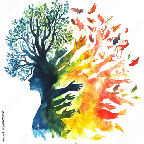 A watercolor illustration of social change, isolated on a white background. Social change vector.

