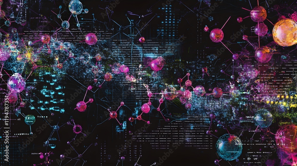 Fototapeta premium An abstract visualization of drug design, showcasing molecular structures floating above the dark background, with digital chemical equations and lines of code weaving around them. The composition 
