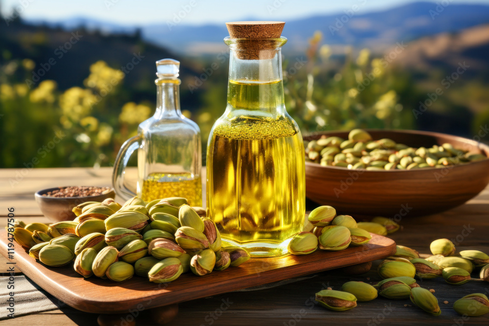 A bottle of nutritious pistachio oil and a bowl of flavorful pis A bottle of nutritious pistachio oil and a bowl of flavorful pis