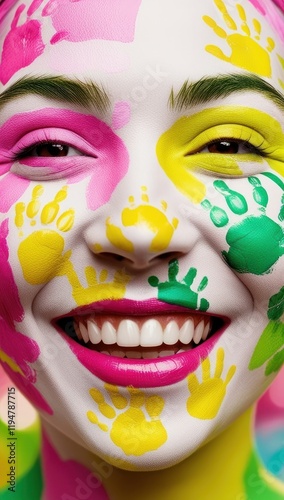 A cheerful woman with colorful handprint face paint, smiling brightly against a vibrant backdrop. Concept: creativity, celebration, and joy