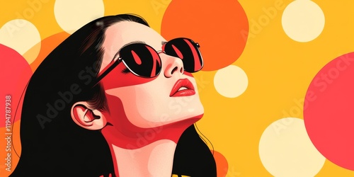 Wallpaper Mural Retro Chic Sunglasses: A portrait of a stylish woman with dark hair wearing chic sunglasses, set against a vibrant backdrop of overlapping colorful circles, reminiscent of vintage pop art and fashion. Torontodigital.ca