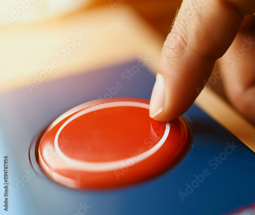 Red Button Moment: A finger hovers above a large, round, red button, poised on the brink of action, creating a dramatic image of decision and consequence. photo