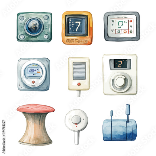 A watercolor drawing symbolizing smart thermostat systems, isolated on a white background. Smart thermostat systems vector.
