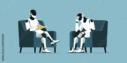 Humanoid AI robots talking together in a psychotherapy session
