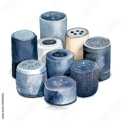 A watercolor vector illustrating smart speakers with voice control, isolated on a white background. Smart speakers vector.
