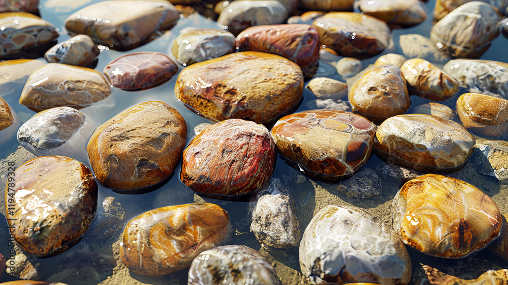 Smooth Stones in Shallow Water: A captivating close-up of smooth, water-worn stones in shallow water, bathed in the warm glow of sunlight. The stones are a symphony of earthy tones and textures. Smooth Stones in Shallow Water: A captivating close-up of smooth, water-worn stones in shallow water, bathed in the warm glow of sunlight. The stones are a symphony of earthy tones and textures.