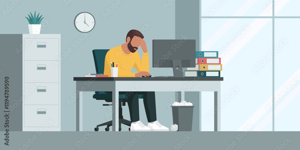 Exhausted employee working in the office: job burnout Exhausted employee working in the office: job burnout