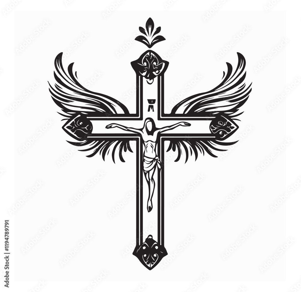 Christian cross, black and white vector silhouette illustration of religious cross shape on white background.