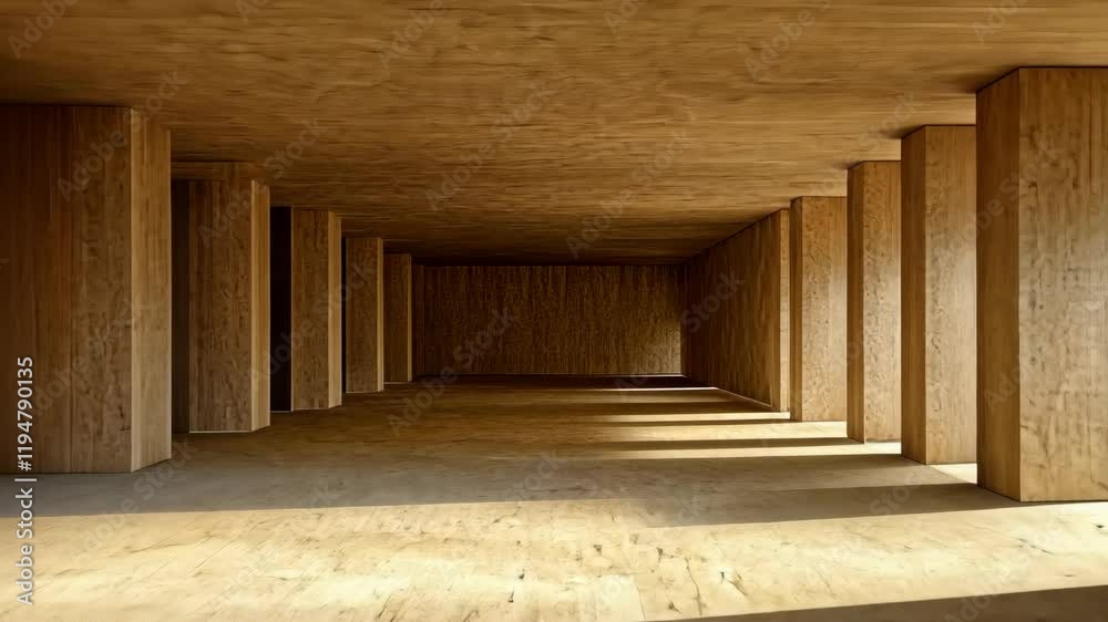 Interior view of a spacious wooden structure with natural light streaming in during daylight Interior view of a spacious wooden structure with natural light streaming in during daylight
