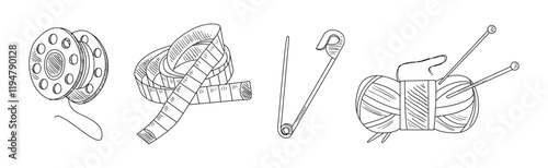 Sewing and Needlework Line Sketch Object and Element Vector Set