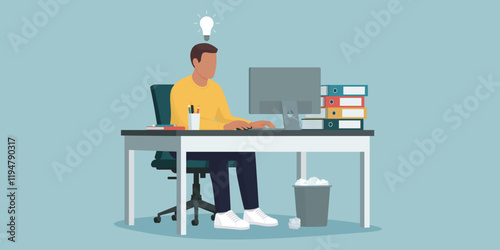 Efficient employee sitting ot the office desk and working