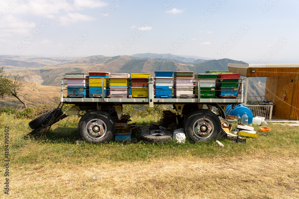 Obraz premium A truck is parked in a field with a lot of bees in it. The truck is full of beehives and is parked in a grassy area