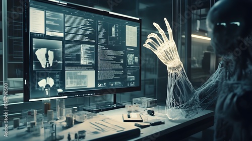 A diagrammatic display of the cybernetic theory, showing the integration of bionic limbs and neural signals, with technical schematics and measurements on a digital screen in a laboratory setting.  photo