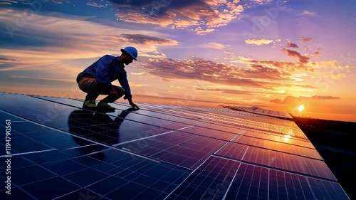 male craftsman installs solar panels. selective focus