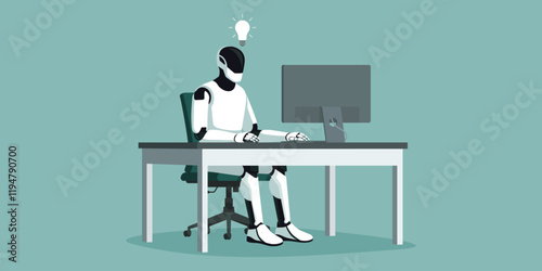 Efficient humanoid AI robot sitting at the office desk and working