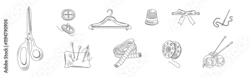 Sewing and Needlework Line Sketch Object and Element Vector Set