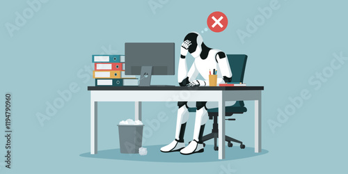Depressed AI robot sitting at desk and working