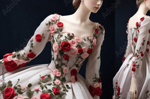 Delicate rose embroidery climbing from the hem to the bodice.