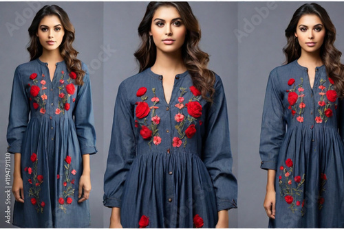 Casual denim frock with floral or geometric embroidery.