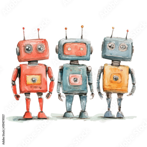 A watercolor painting of smart robots, isolated on a white background. Smart robots vector.
