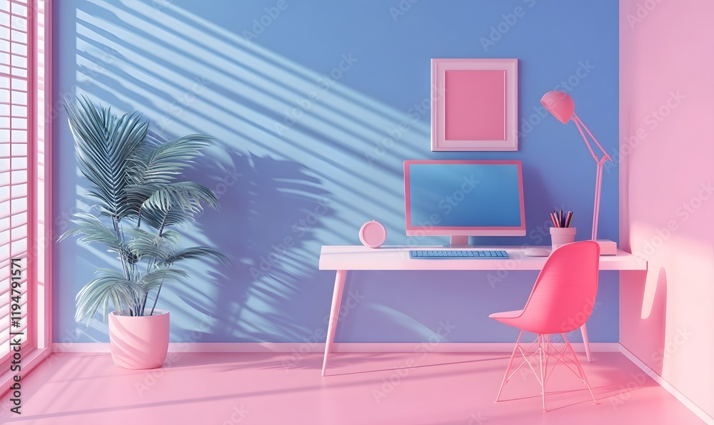 Fototapeta premium Pastel workspace with computer, plant, and chair.