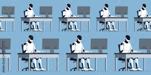 Many efficient humanoid robots sitting at desks and working