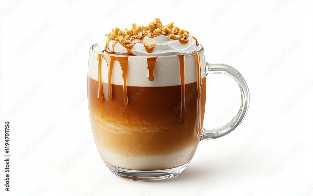 A velvety macchiato with caramel drips hovering dynamically on a clean white background
