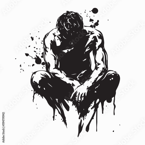 Young Man Sitting with Head Down in Despair Heartbroken Silhouette Vector Illustration with Emotional Depth