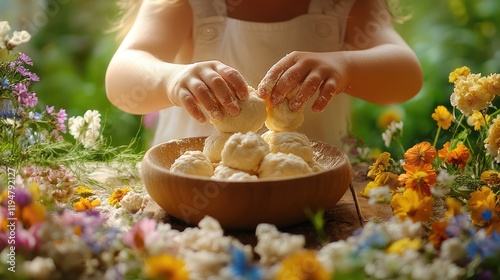 Child making dough balls outdoors, floral setting